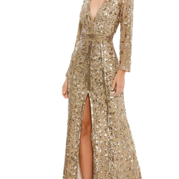 EMBELLISHED FRONT SLIT LONG SLEEVE GOWN - Picture 3 of 3